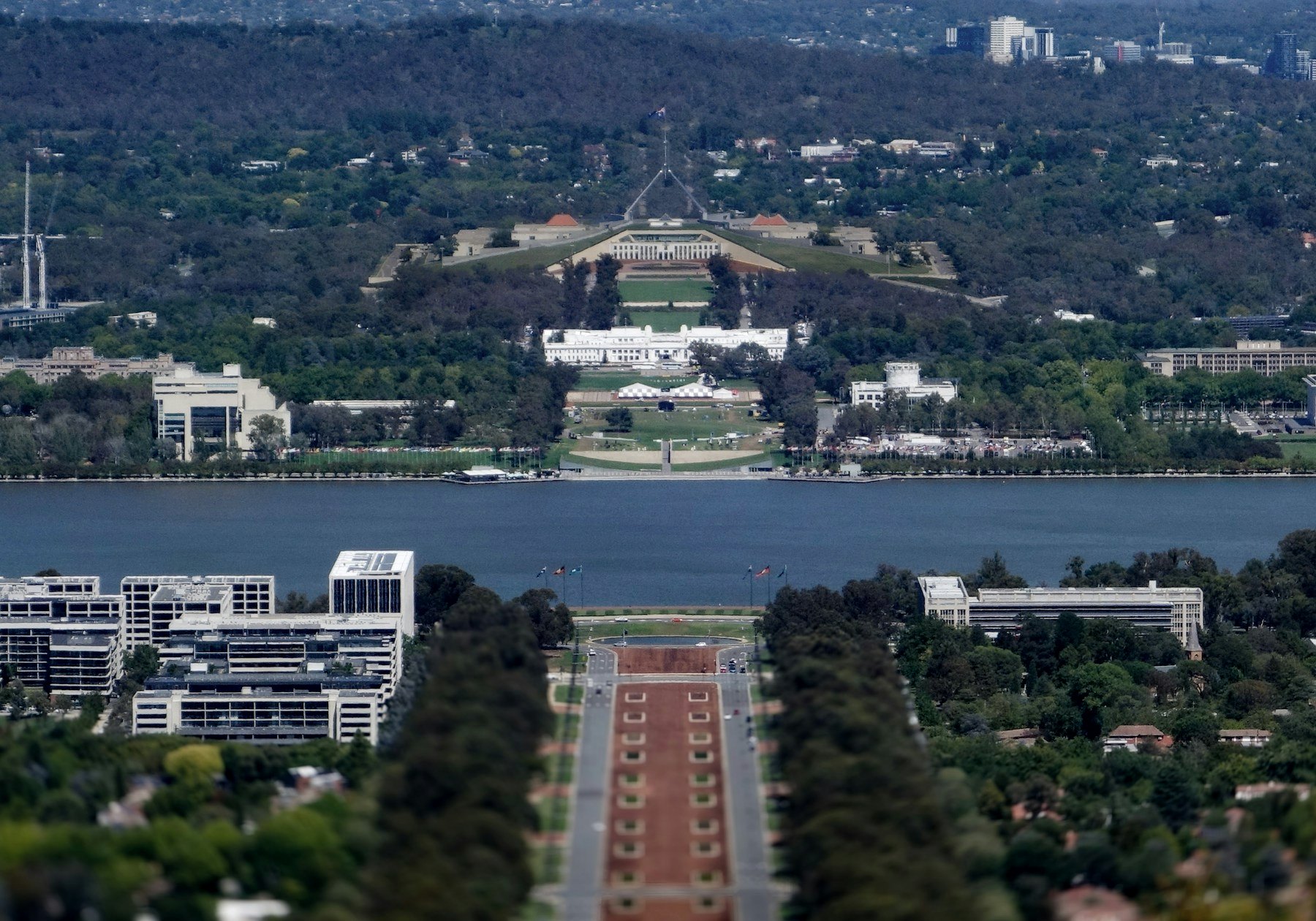 Lake Burley Griffin and Parliament House in Canberra at dusk