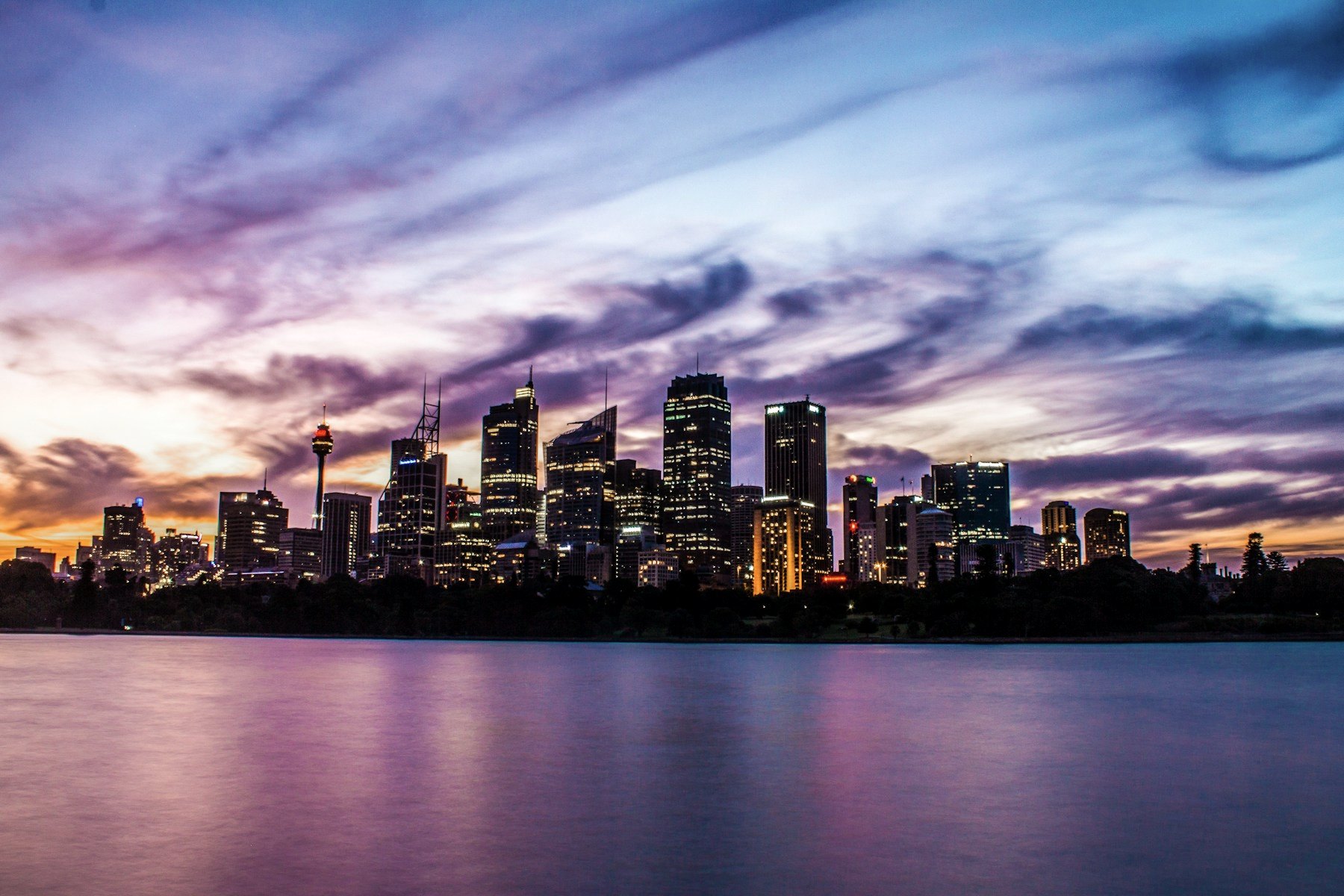 Sydney Harbour and CBD skyline at dusk